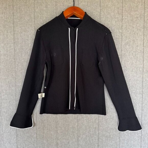 90s Vintage Max Studio Black Stretch Knit w/ White Piping Button Front Shirt - Picture 8 of 13